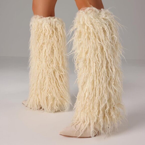 Women's Beige Kalstage Fur Knee High Heeled Wide Calf Party Fashion Boots - Picture 4 of 6